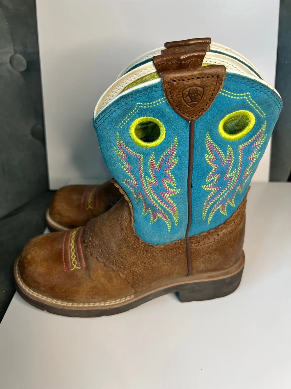 Ariat Kids Youth Fatbaby Cowgirl Western Brown Boots Size 1 Teal Pink Lime
